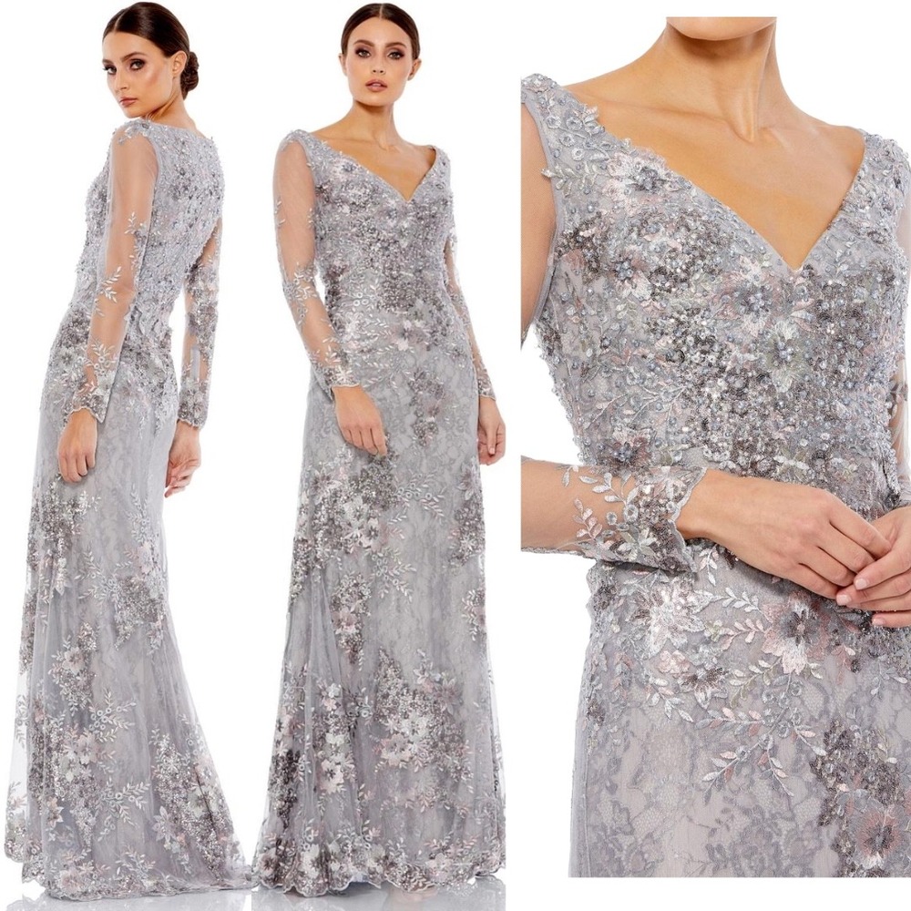 Mac Duggal Silver Embellished Maxi Dress